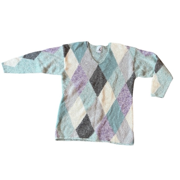 Vintage Mohair Blend Argyle Sweater 90s Pastel Knit Made In Hong Kong Cozy - Picture 3 of 12